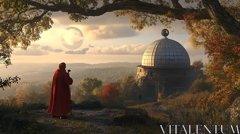 AI ART Red Cloak Figure at Ancient Observatory