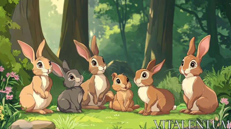 AI ART Whimsical Bunny Family in Woodland Scene