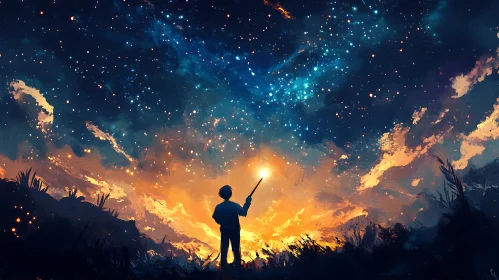 Child Gazing at Night Sky Painting