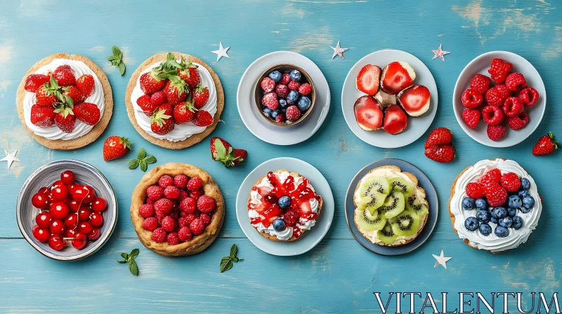 Assorted Fruit Desserts on Blue Background AI Image