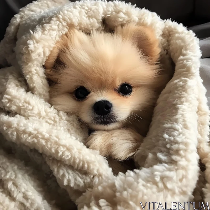 Cozy Puppy Wrapped in Plush Blanket AI Image