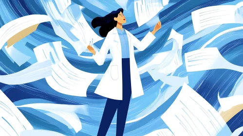 Woman in Lab Coat with Floating Papers