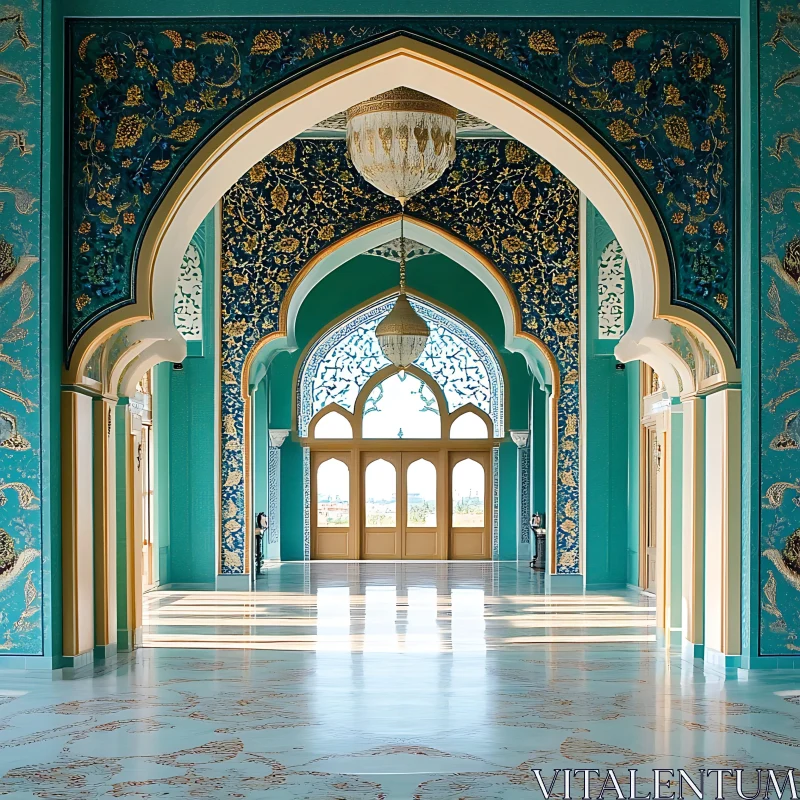 Luxurious Decorative Hallway with Chandelier and Arches AI Image