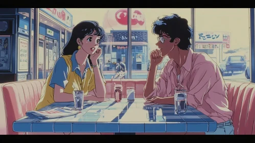 Anime Characters in 1980s Cafe Setting