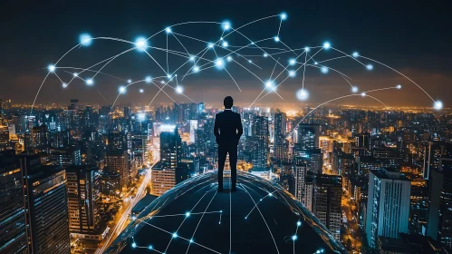 Man on Structure Overlooking Glowing City Network