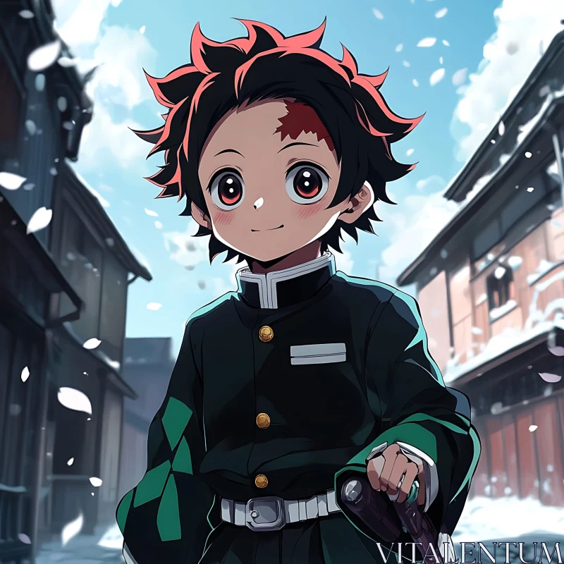 Winter Anime Scene with Young Boy AI Image