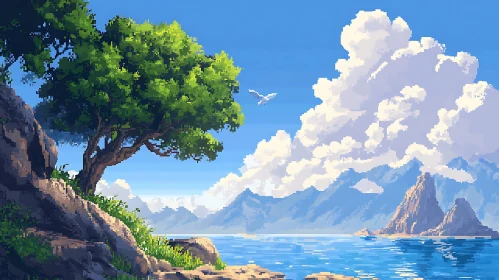 Tranquil Pixel Seascape with Bird