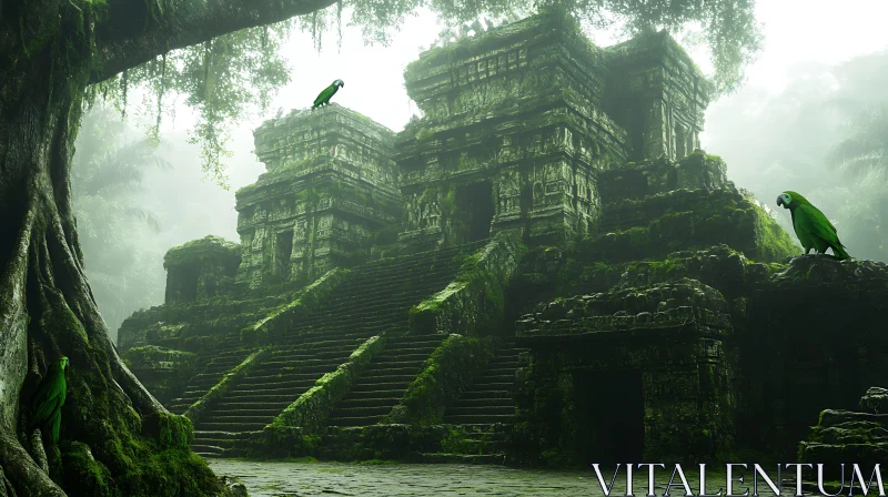 Lost Temple with Green Parrots AI Image