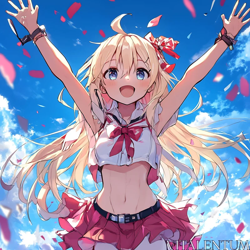 Joyful Anime Girl with Raised Arms AI Image