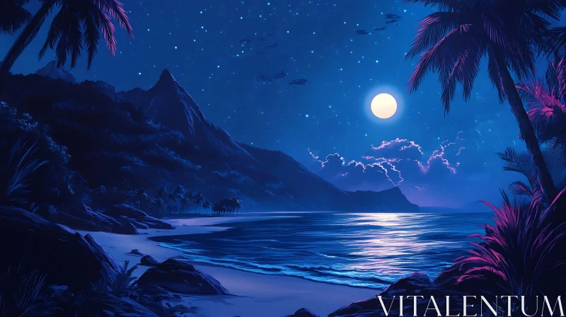 Nighttime Beach Scene with Moon and Palms AI Image