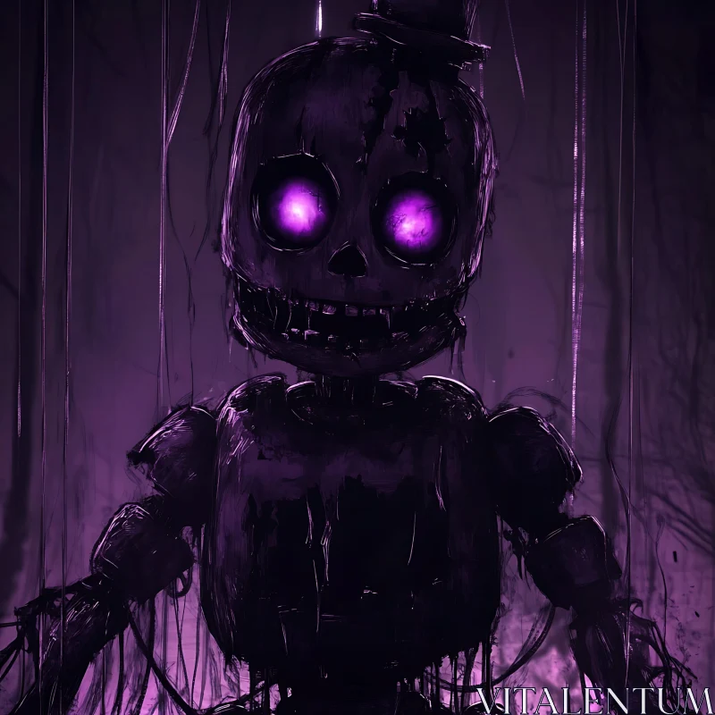 Haunting Robot with Illuminated Purple Eyes in Shadowy Setting AI Image