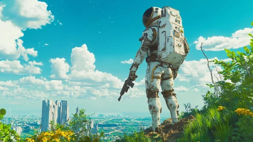 Futuristic Astronaut Overlooking City and Nature