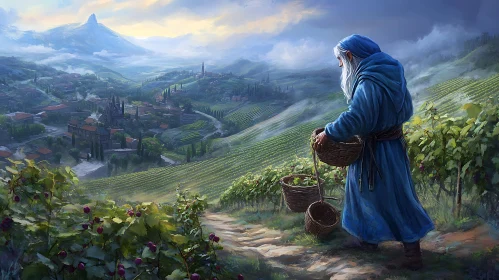 Scenic Vineyard Landscape with Blue-Clad Harvester