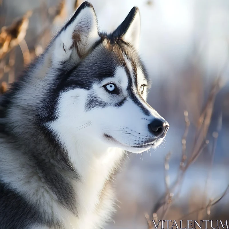 Blue-Eyed Husky in Winter Light AI Image