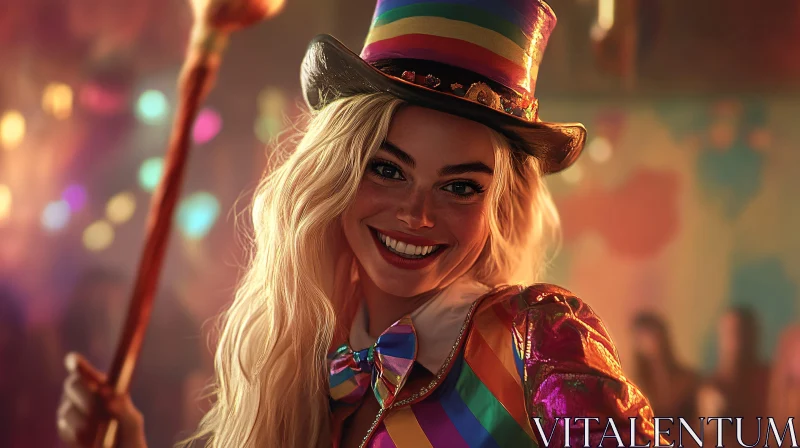 Smiling Woman in Rainbow Outfit AI Image