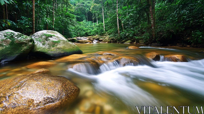 AI ART Peaceful Forest Stream with Green Foliage