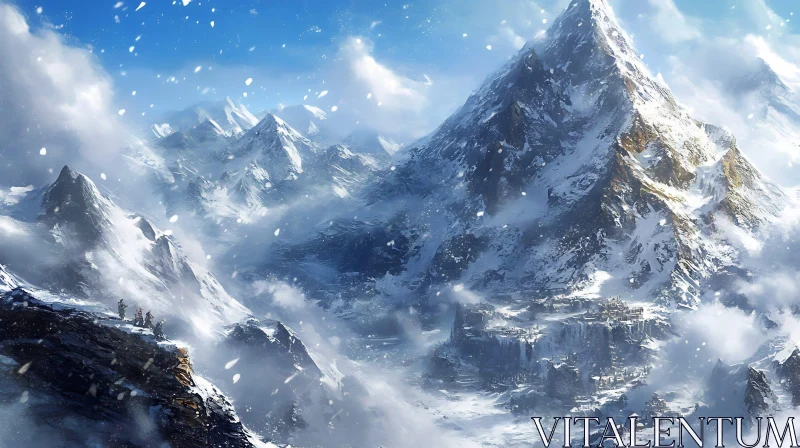 Winter Mountain Vista with Snowfall AI Image