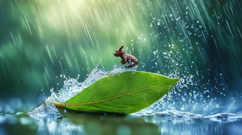 Miniature Squirrel on Leaf in Rain