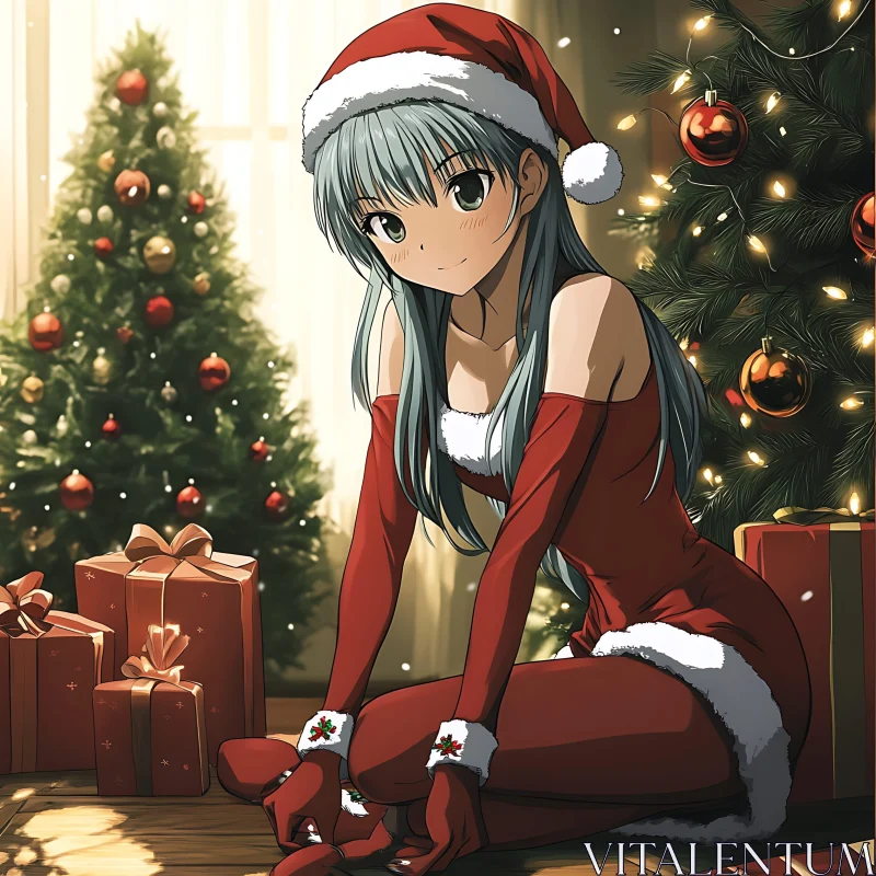 Anime Christmas Joy with Santa-Clad Girl AI Image