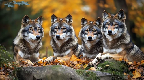 Four Wolves Resting in Fall