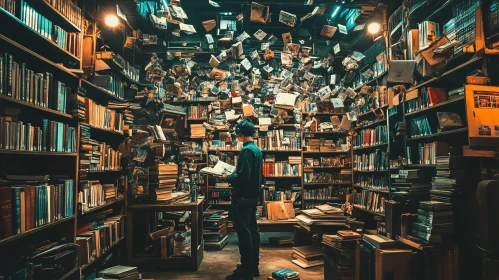Books Flying in a Library