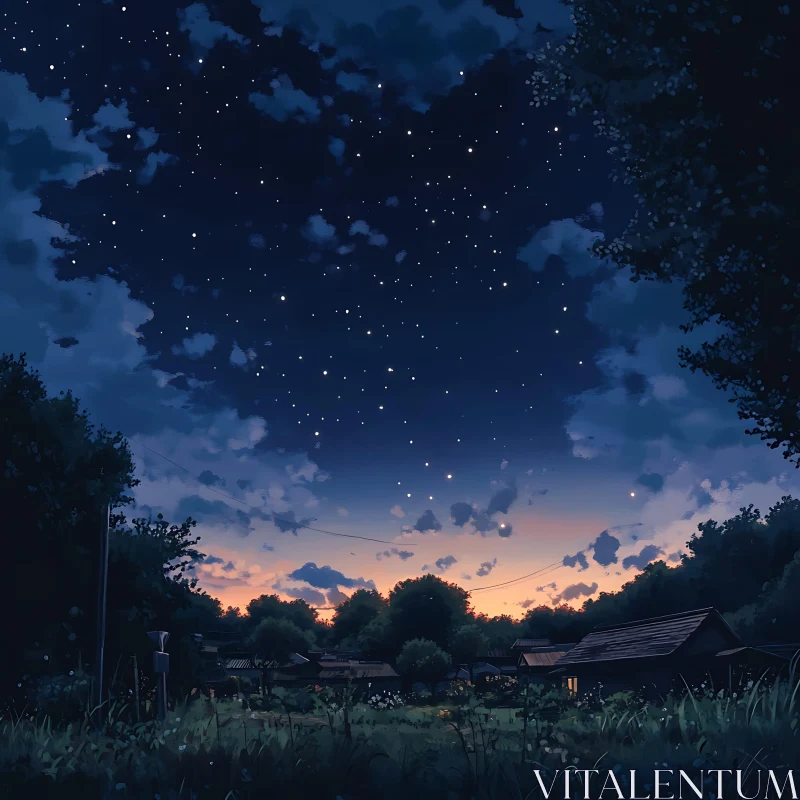 Tranquil Night Sky Over Rural Scenery AI Image