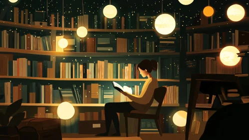 Woman Reading Under Warm Library Lights