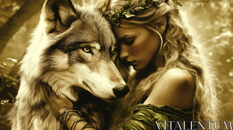 AI ART Enchanting Wolf and Woman Companionship