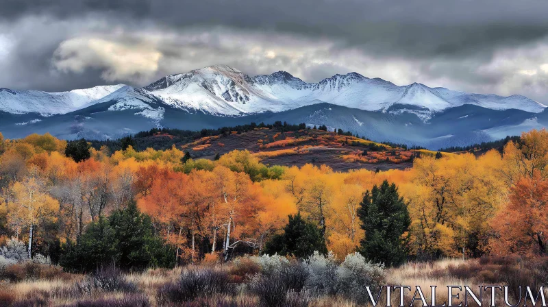 Snowy Peaks Overlooking Autumn Forest AI Image