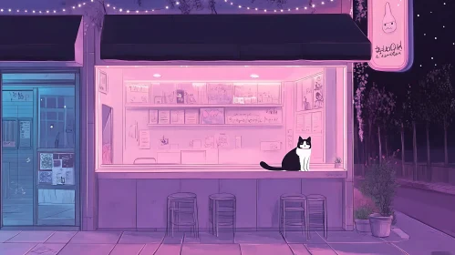 Tranquil Night Scene of Cafe with Cat