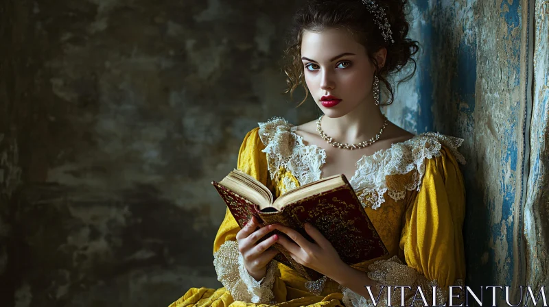 AI ART Vintage Elegance: Woman Reading in Yellow Gown