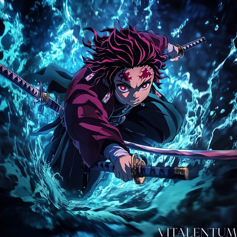 Anime Warrior in Dynamic Water Energy Scene AI Image