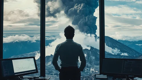 Man Observing Volcanic Eruption From Window