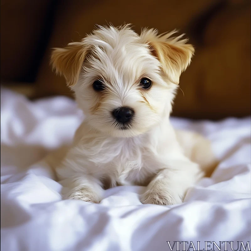 Cute Puppy with Fluffy Fur on Bed AI Image