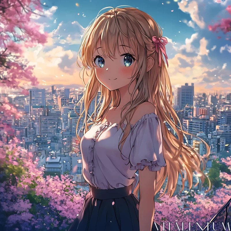 Anime Girl Amid Cherry Blossoms During Sunset AI Image