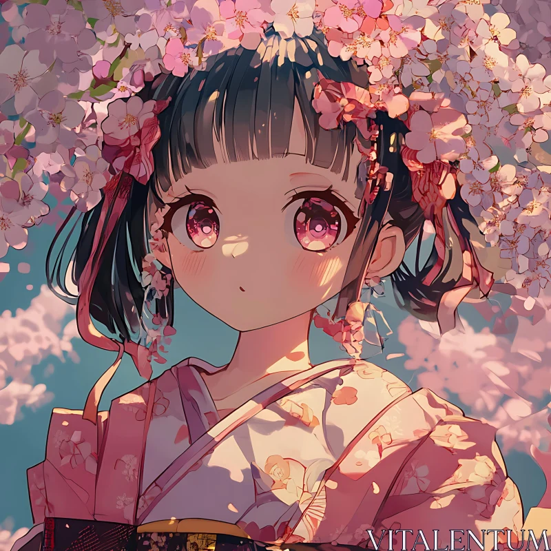 Anime Girl in Traditional Kimono Amidst Cherry Blossoms AI Image