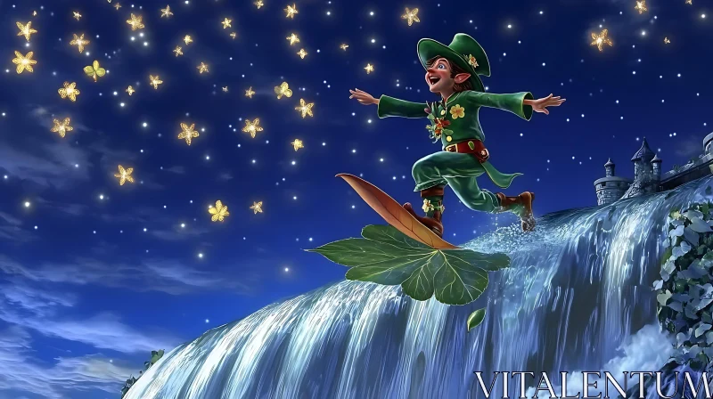 AI ART Elf Riding Leaf Over Waterfall at Night