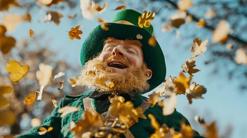 Joyful Leprechaun Portrait with Falling Leaves