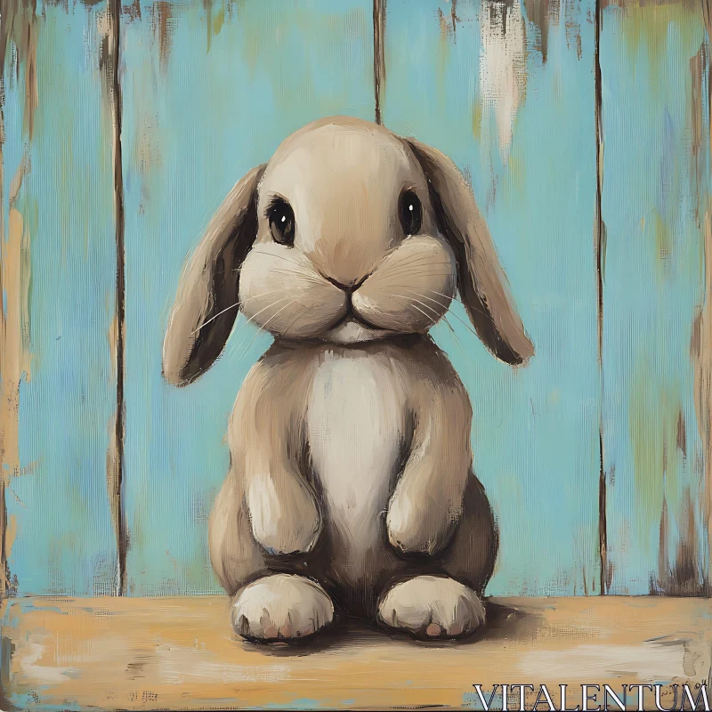 Rustic Bunny Art on Blue Wood AI Image