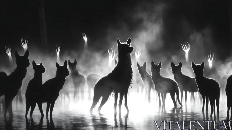 Monochrome Wolves in Foggy Landscape AI Image