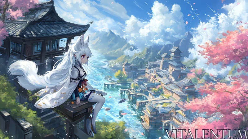 Fox Girl Amidst Stunning Anime Landscape AI Image