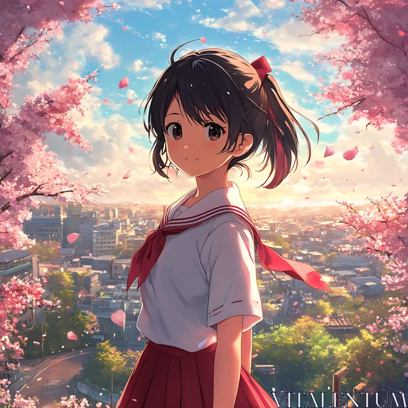 School Girl with Sakura in the City AI Image