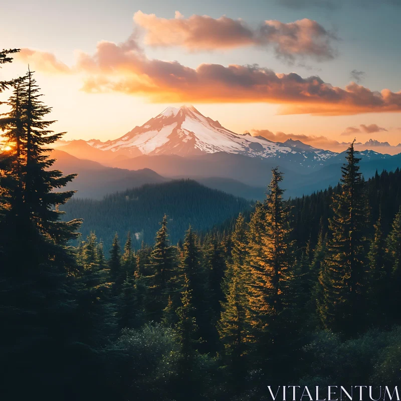 Snowy Peaks and Forest at Sunset AI Image