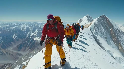 Mountaineers Climbing Snowy Mountain Ridge