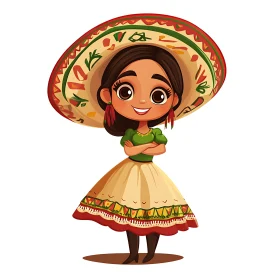 Charming Cartoon Girl in Traditional Mexican Attire