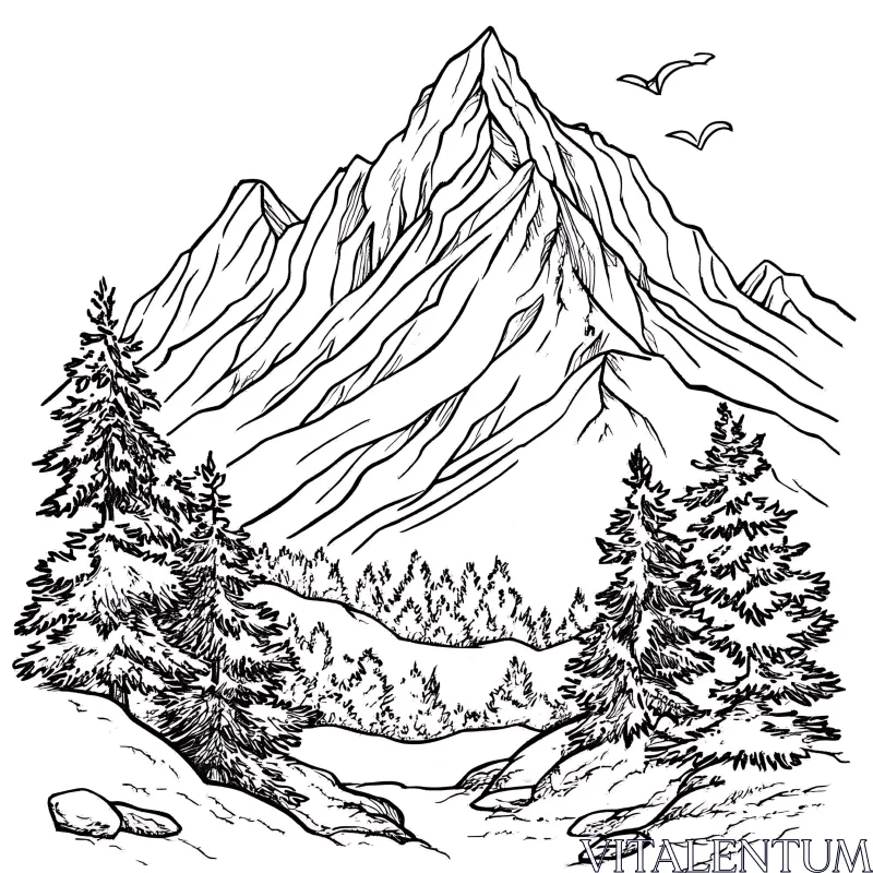 AI ART Mountain Peaks and Pine Trees Sketch