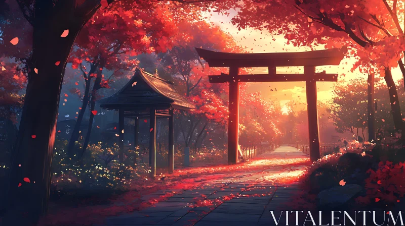 AI ART Japanese Autumn Sunset Garden with Torii Gate