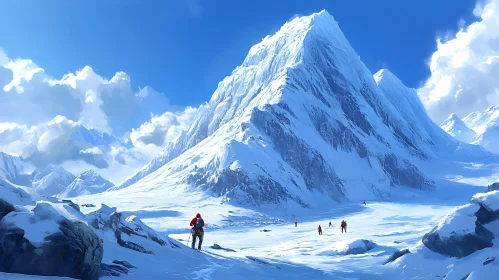 Snowy Mountain Climbers Under Blue Sky