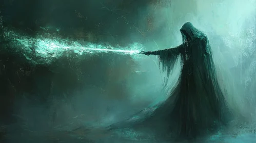 Cloaked Wizard Casting Turquoise Spell