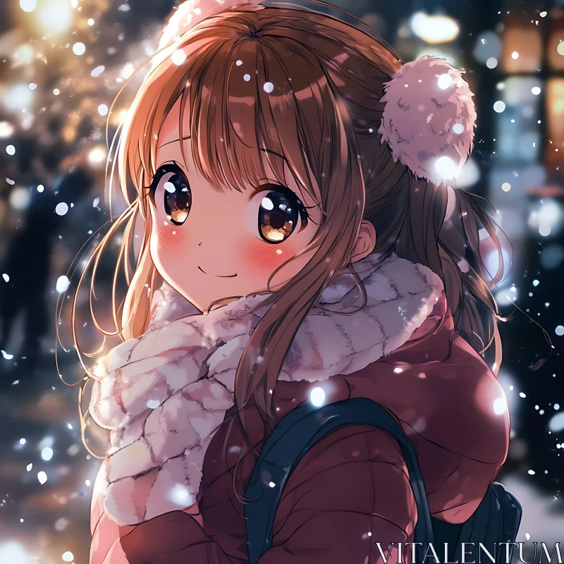 Anime Girl in Red Jacket on a Snowy Night AI Image